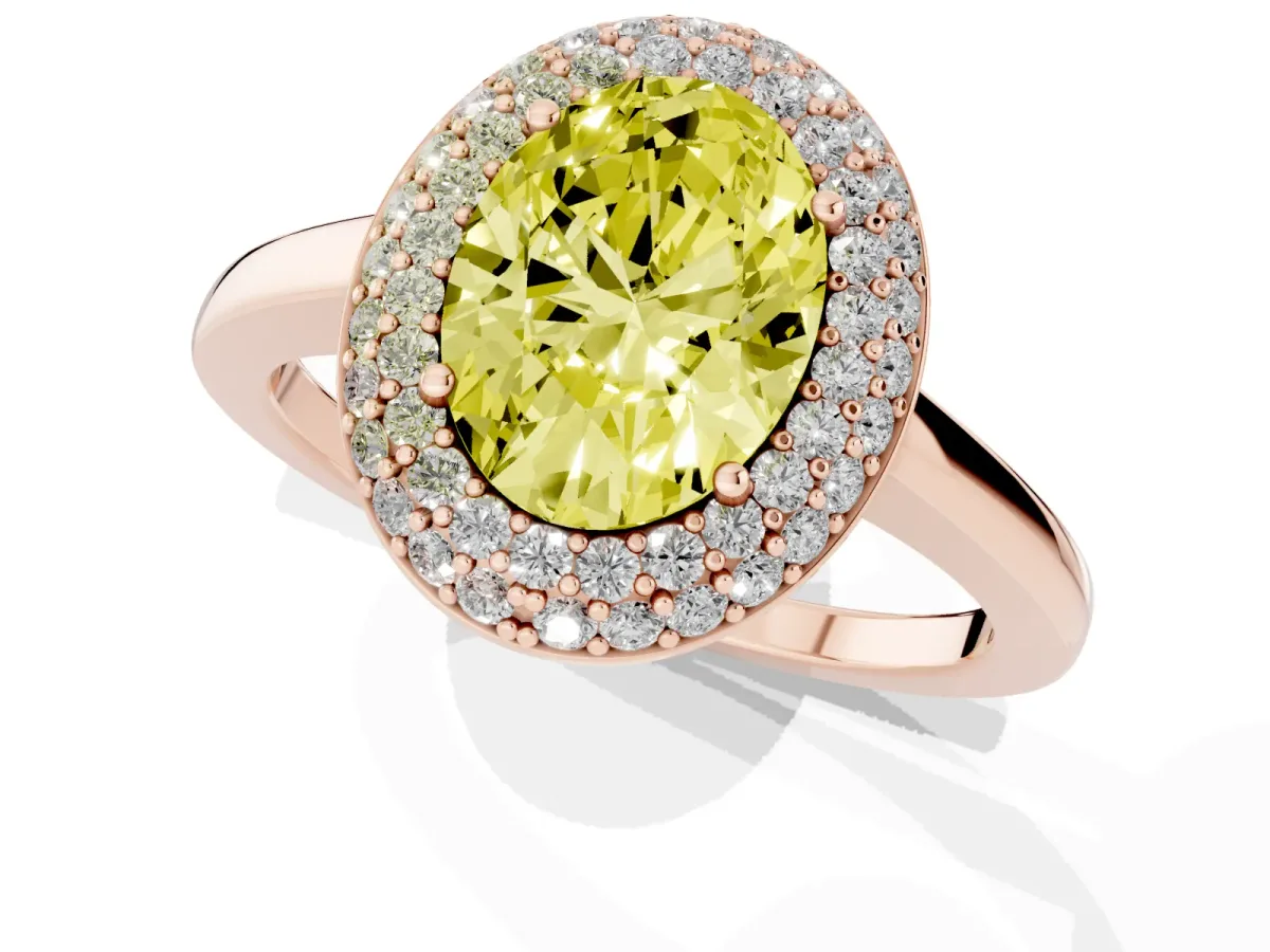 Fancy Yellow Oval Cut Halo Diamond Engagement Ring with Solitaire Band and Four-Prong Setting Rose gold