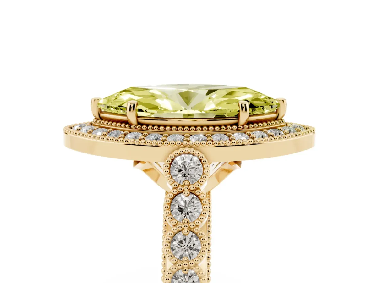 Fancy Yellow Marquise Cut Halo Milgrain Solitaire with Bezel Set Side Stones and Pave Band Yellow gold
