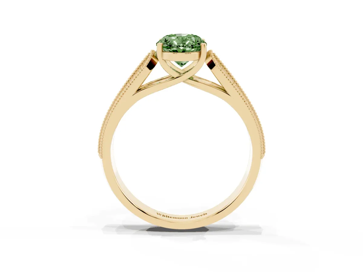 Fancy Green Oval Cut Cut Pave Split Shank Engagement Ring with Four-Prong Setting Yellow gold