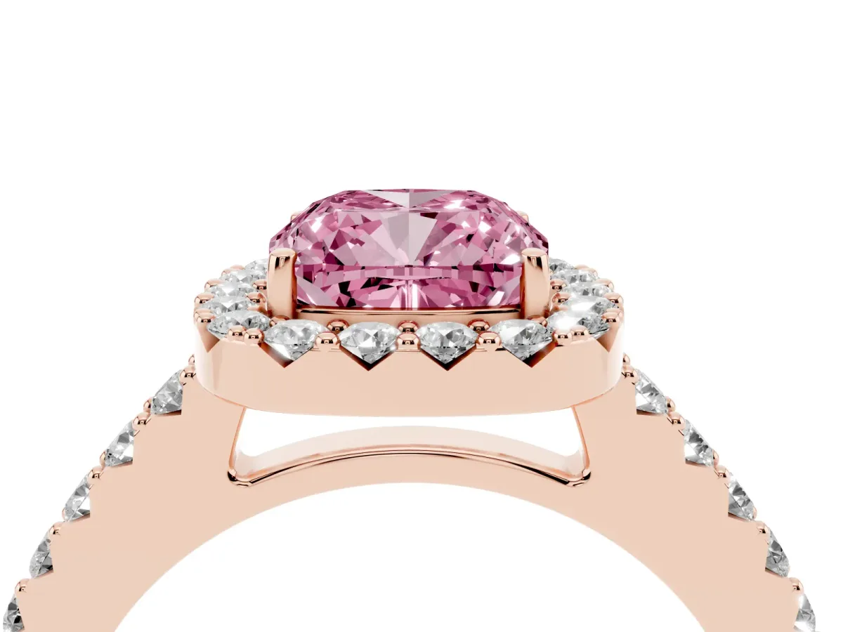 Fancy Pink Cushion Cut Halo Diamond Pavé Solitaire Ring Rose gold