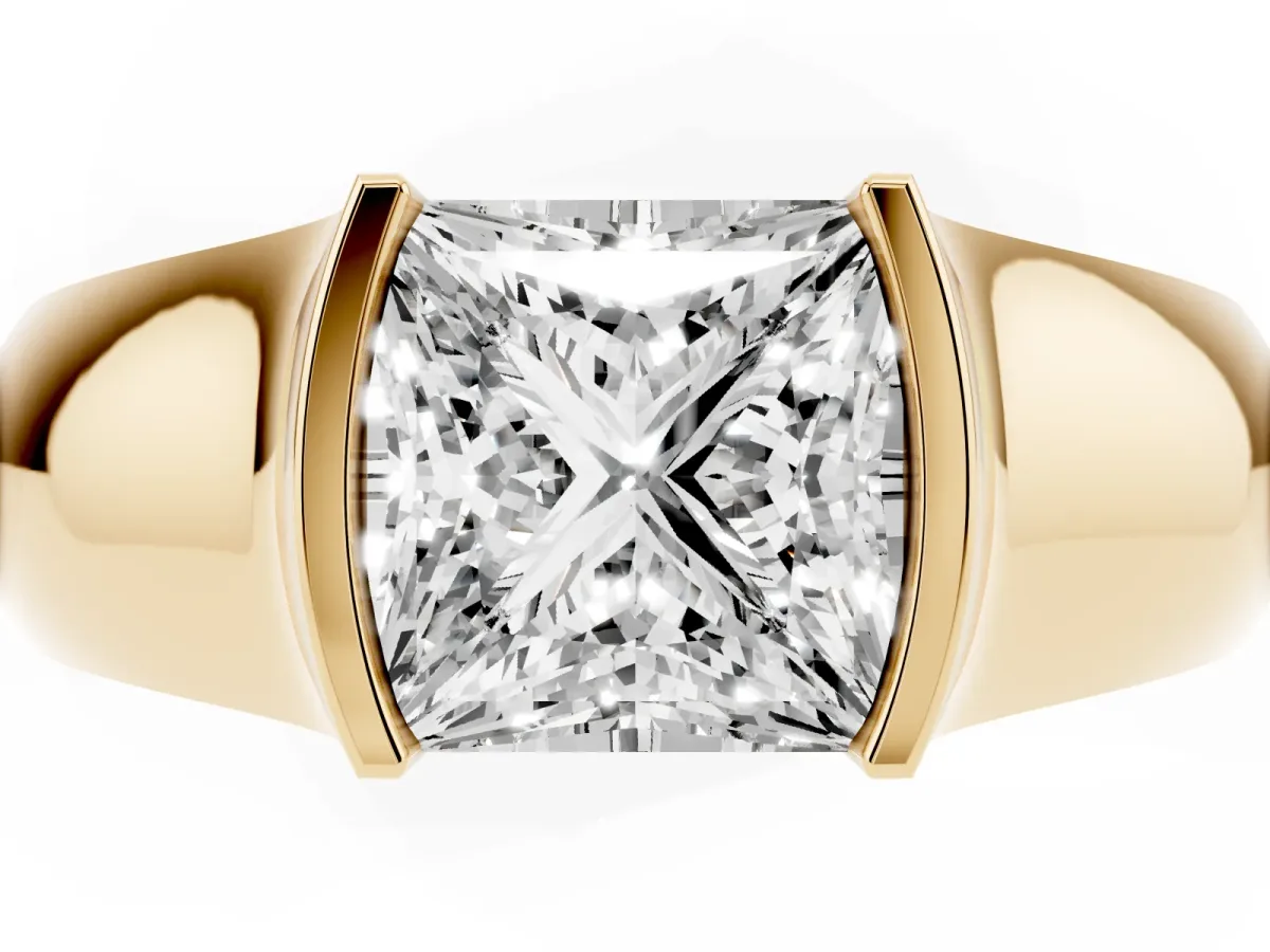 Princess Cut Solitaire Bezel Set Diamond Ring with Wide Band Yellow gold
