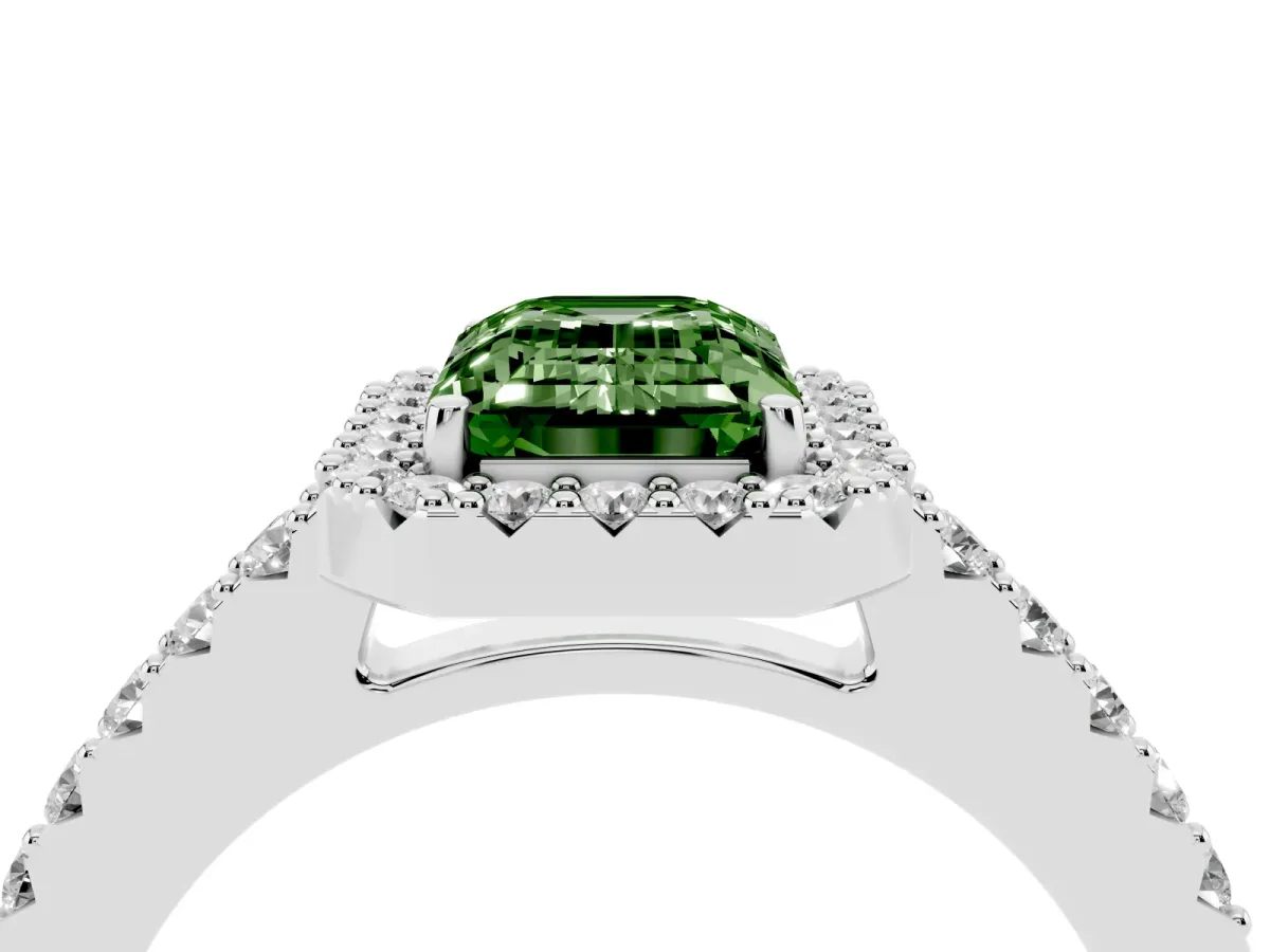 Fancy Green Emerald Cut Halo Diamond Pavé Solitaire Ring Silver