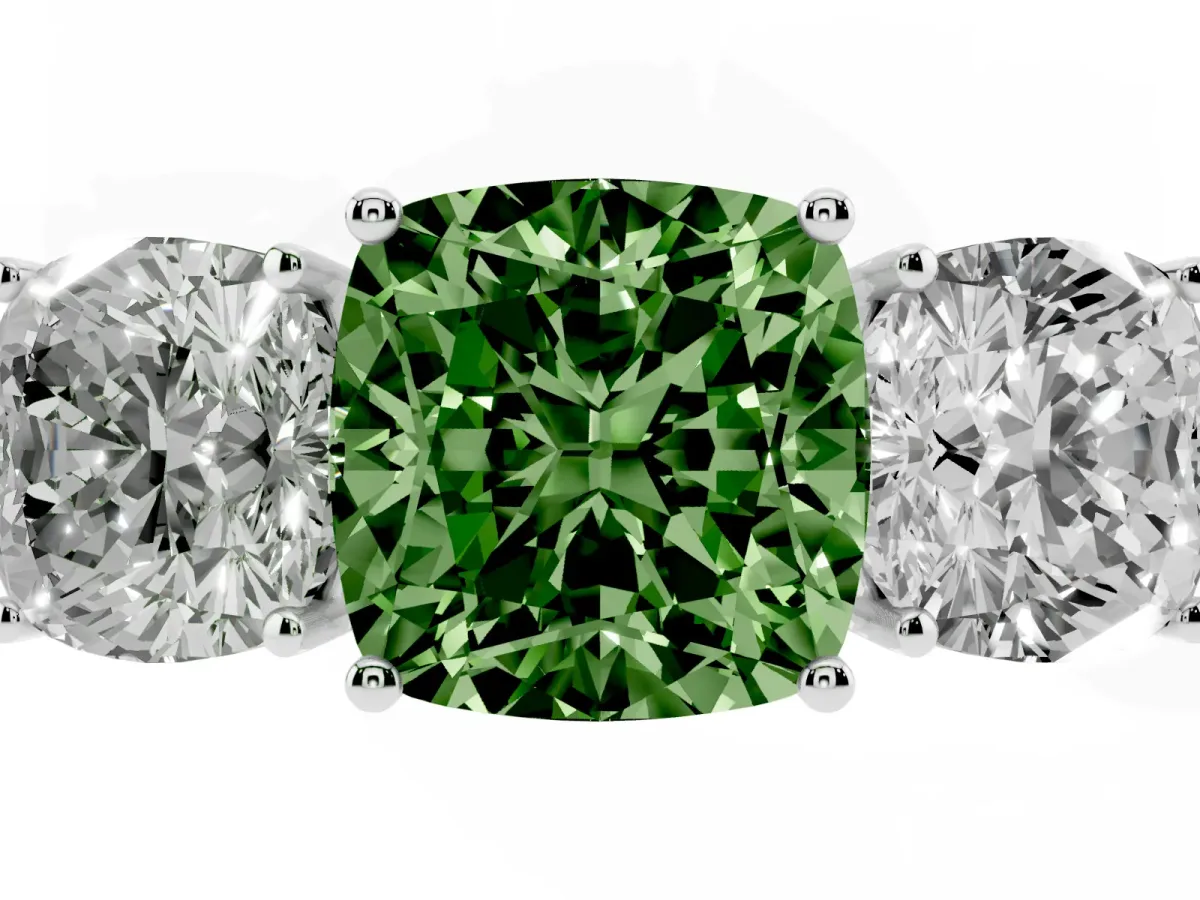 Fancy Green Cushion Cut Diamond Three-Stone Ring with Prong Setting and Textured Band Silver