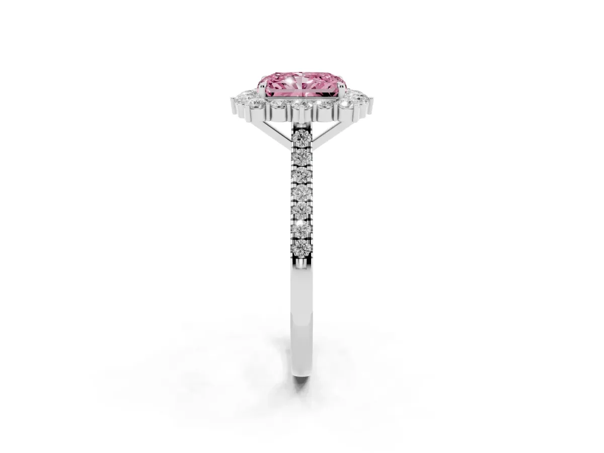 Fancy Pink Radiant Cut Halo Diamond Ring with Pavé Band and Prong Setting Silver