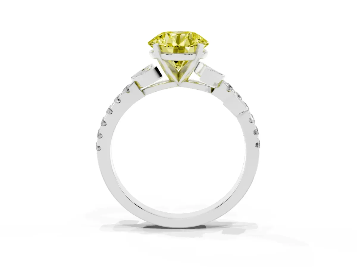 Fancy Yellow Round Cut Solitaire Leaf-Inspired Diamond Ring with Pavé Band and Four-Prong Setting Silver