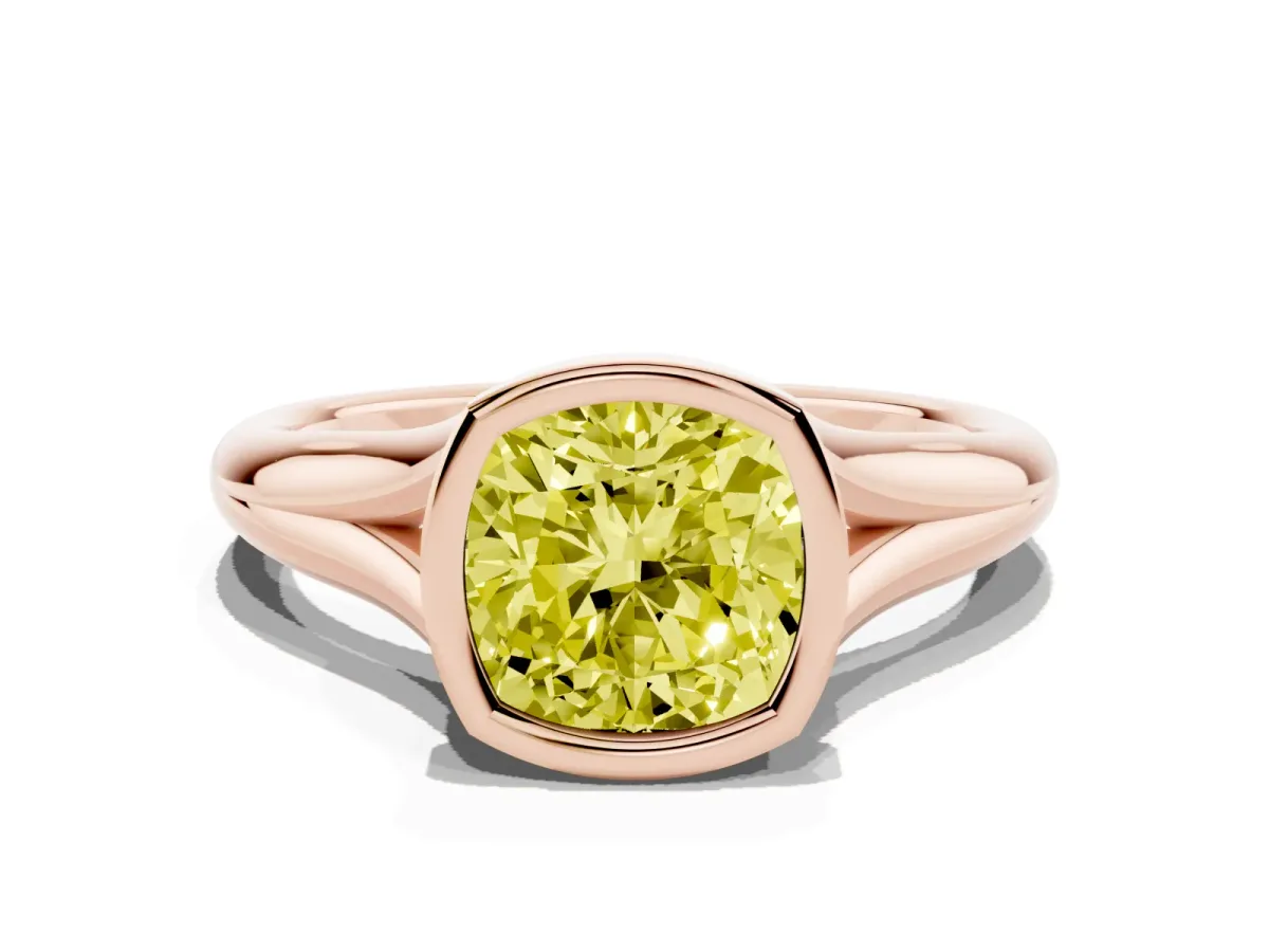 Fancy Yellow Bezel Set Cushion Cut Solitaire Diamond Ring with Smooth Band Rose gold