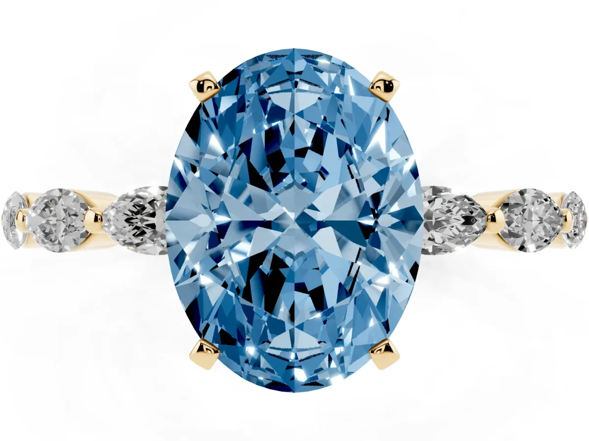 Fancy Blue Oval Cut Diamond Ring with Marquise Side Stones and Prong Setting Yellow gold