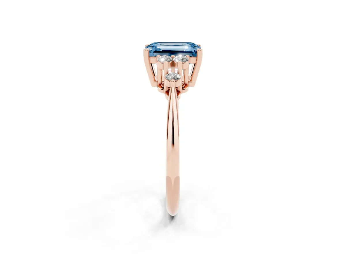 Fancy Blue Emerald Cut Cut Diamond Cluster Ring with Solitaire Band and Four-Prong Setting Rose gold