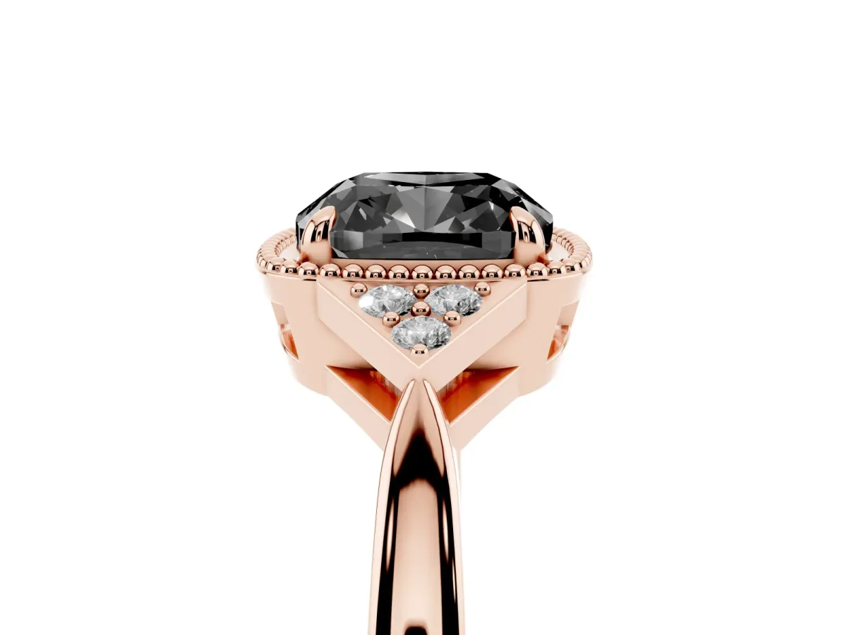 Fancy Black Hexagonal Halo Cushion Cut Diamond Solitaire with Pavé Band and Four-Prong Setting Rose gold