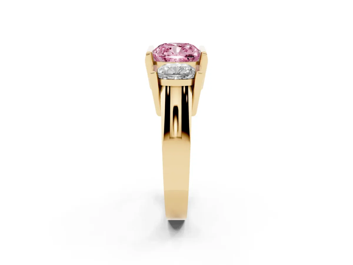 Fancy Pink Three Stone Cushion Cut Cut Channel Set Diamond Ring Yellow gold