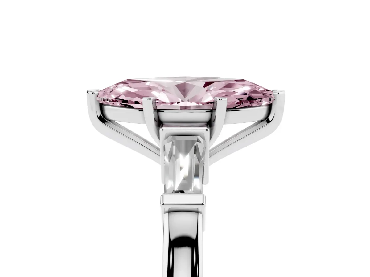 Fancy Pink Marquise Cut Cut Diamond Solitaire Ring with Tapered Baguette Accents and Four-Prong Setting Platinum