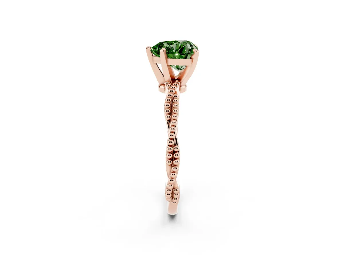Fancy Green Heart Cut Solitaire Twisted Band with Bead Prong Setting Rose gold