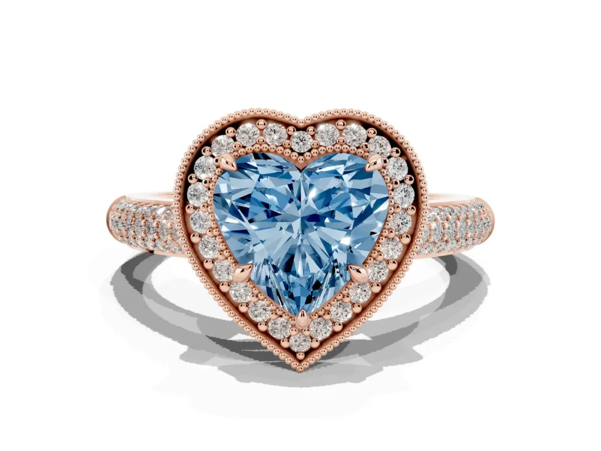 Fancy Blue Heart Cut Cut Halo Diamond Pave Band with Four-Prong Setting Rose gold