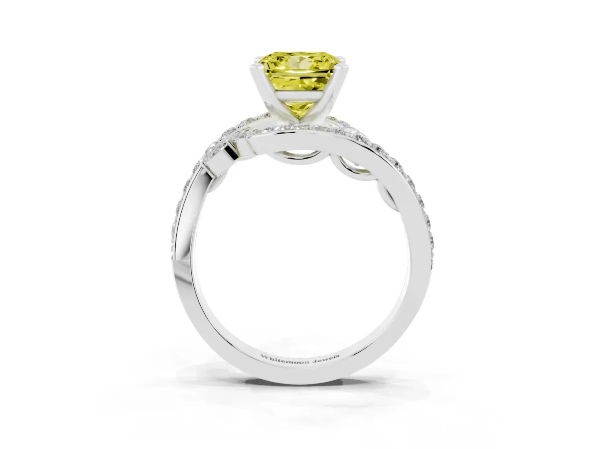 Fancy Yellow Princess Cut Solitaire with Pavé Twist Band and Four-Prong Setting Silver