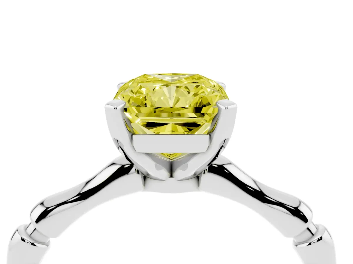 Fancy Yellow Radiant Cut Solitaire Diamond Ring with Bamboo Band and Four-Prong Setting Silver