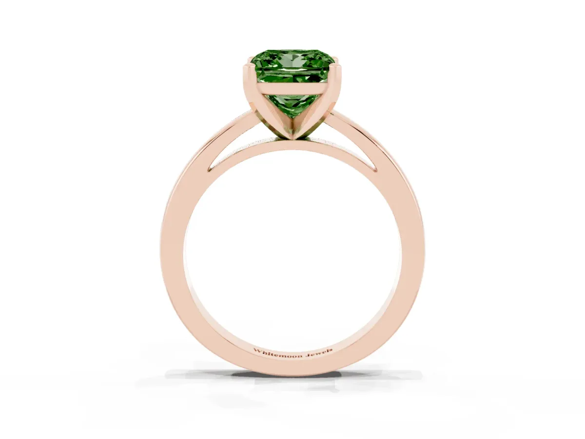 Fancy Green Princess Cut Solitaire Diamond Engagement Ring with Four-Prong Setting on a Classic Band Rose gold