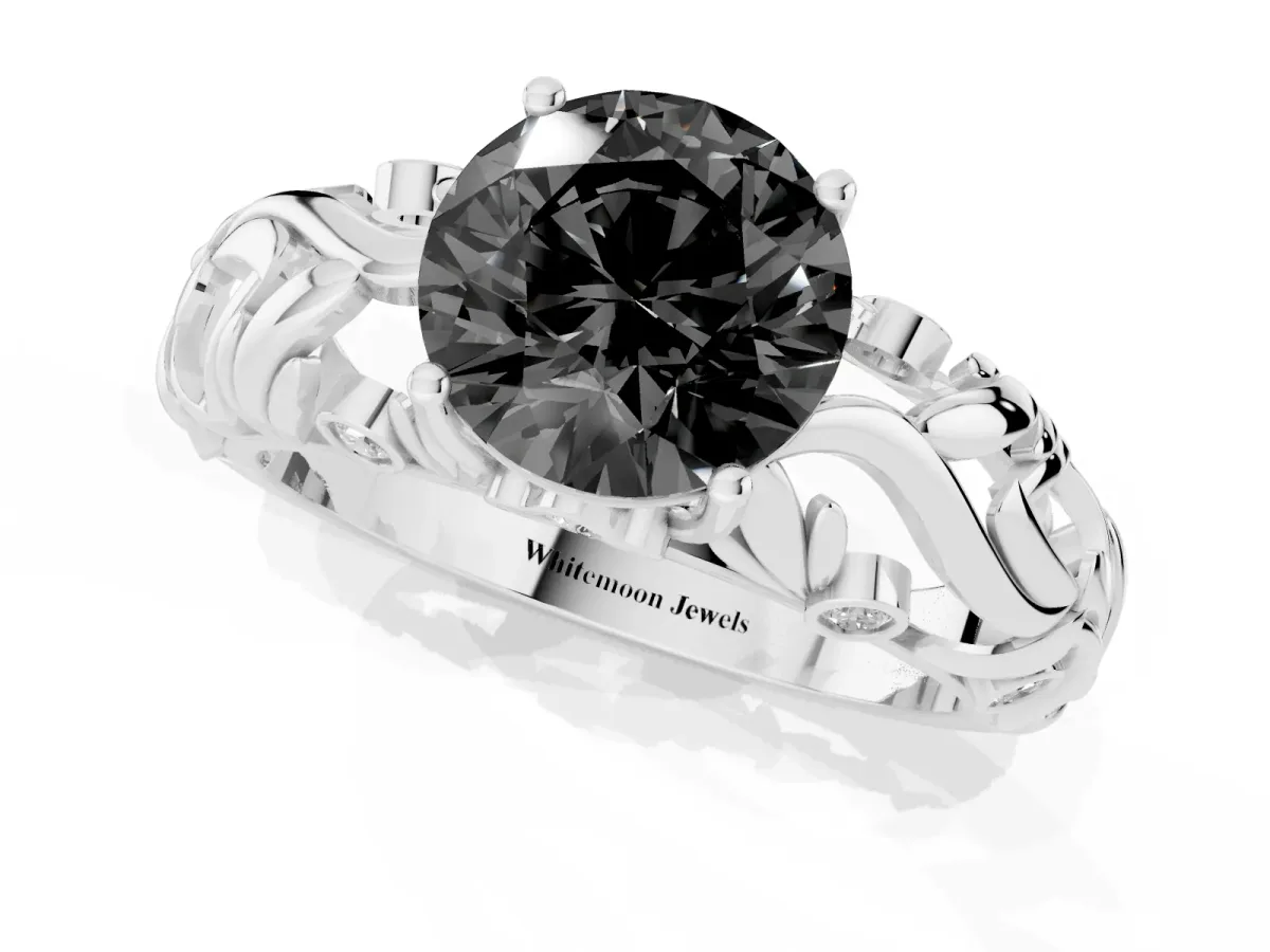 Fancy Black Round Cut Solitaire Diamond Leaf-Inspired Vine Band Ring with Prong Setting Platinum