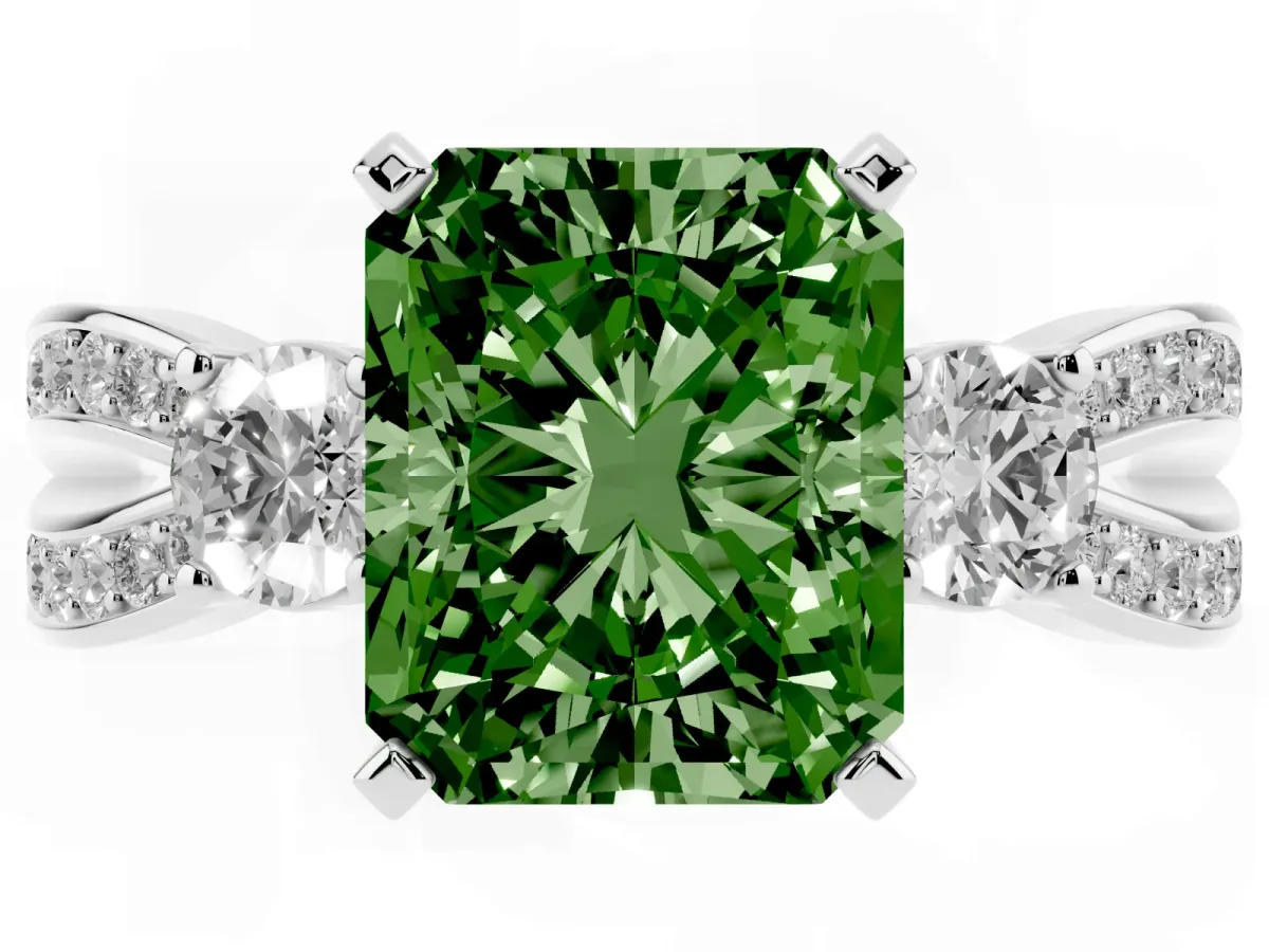 Fancy Green Three-Stone Radiant Cut Cut Diamond Twist Band with Prong Setting Silver
