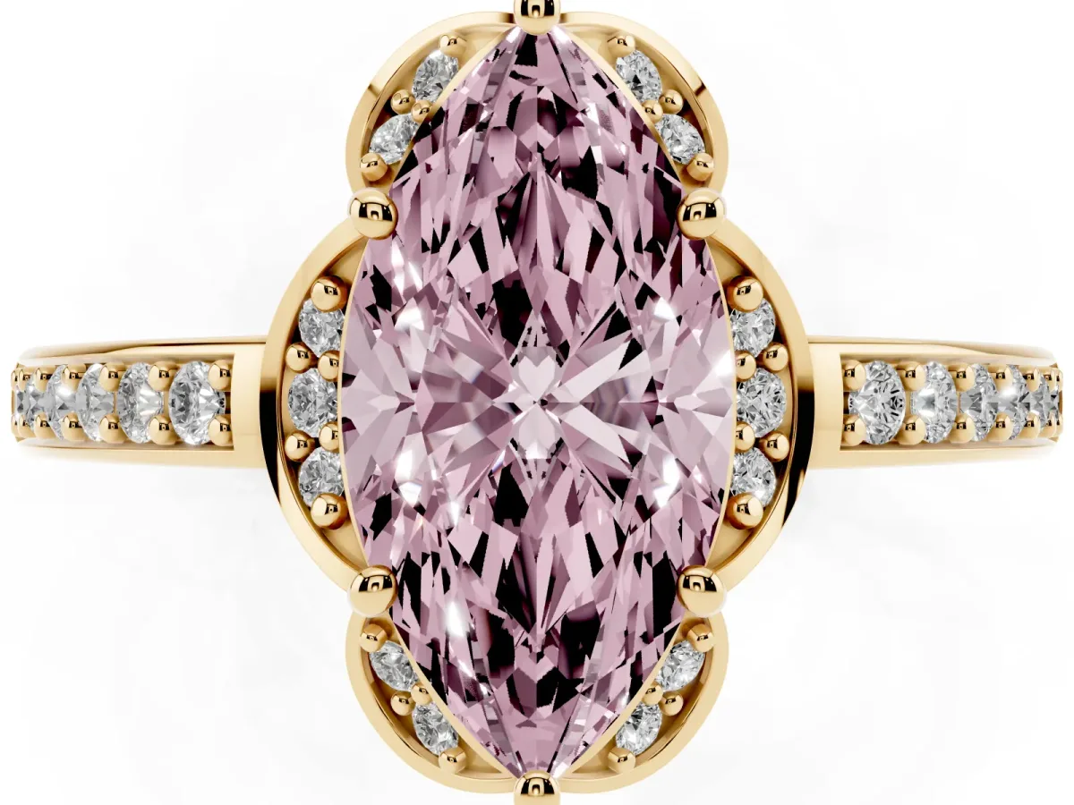 Fancy Pink Marquise Cut Cut Halo Diamond Ring with Channel Set Band and Four-Prong Setting Yellow gold