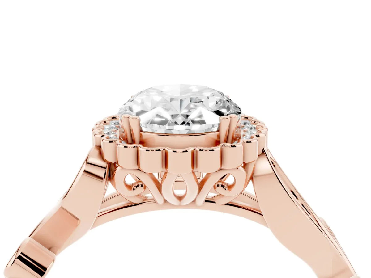 Oval Cut Diamond Halo Ring with Vintage Split Shank and Four-Prong Setting Rose gold