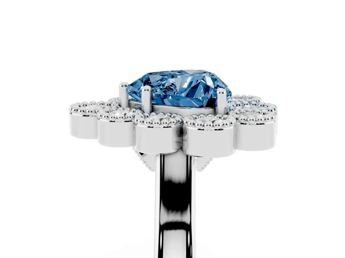 Fancy Blue Heart Cut Halo Diamond Cluster Engagement Ring with Milgrain Bezel Setting and Solitaire Band Platinum