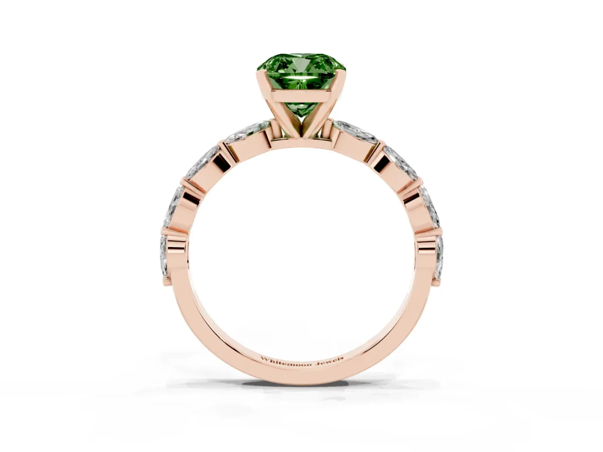 Fancy Green Cushion Cut Diamond Ring with Marquise Side Stones and Prong Setting Rose gold
