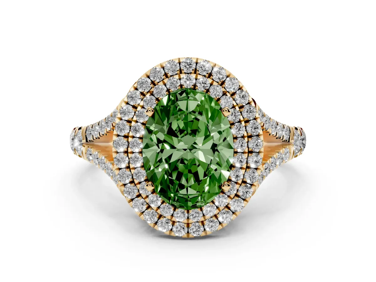 Fancy Green Oval Cut Diamond Pavé Split Shank Double Halo Engagement Ring Yellow gold