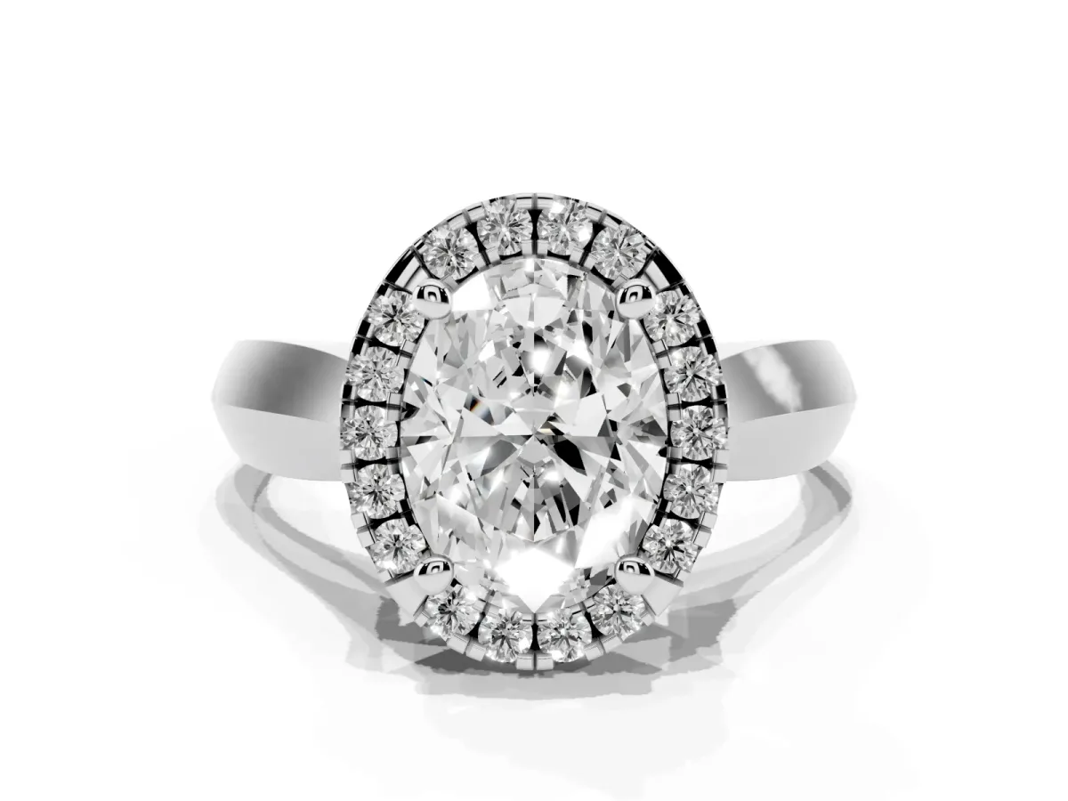 Oval Cut Cut Halo Solitaire Engagement Ring with Square Band and Four-Prong Setting White gold