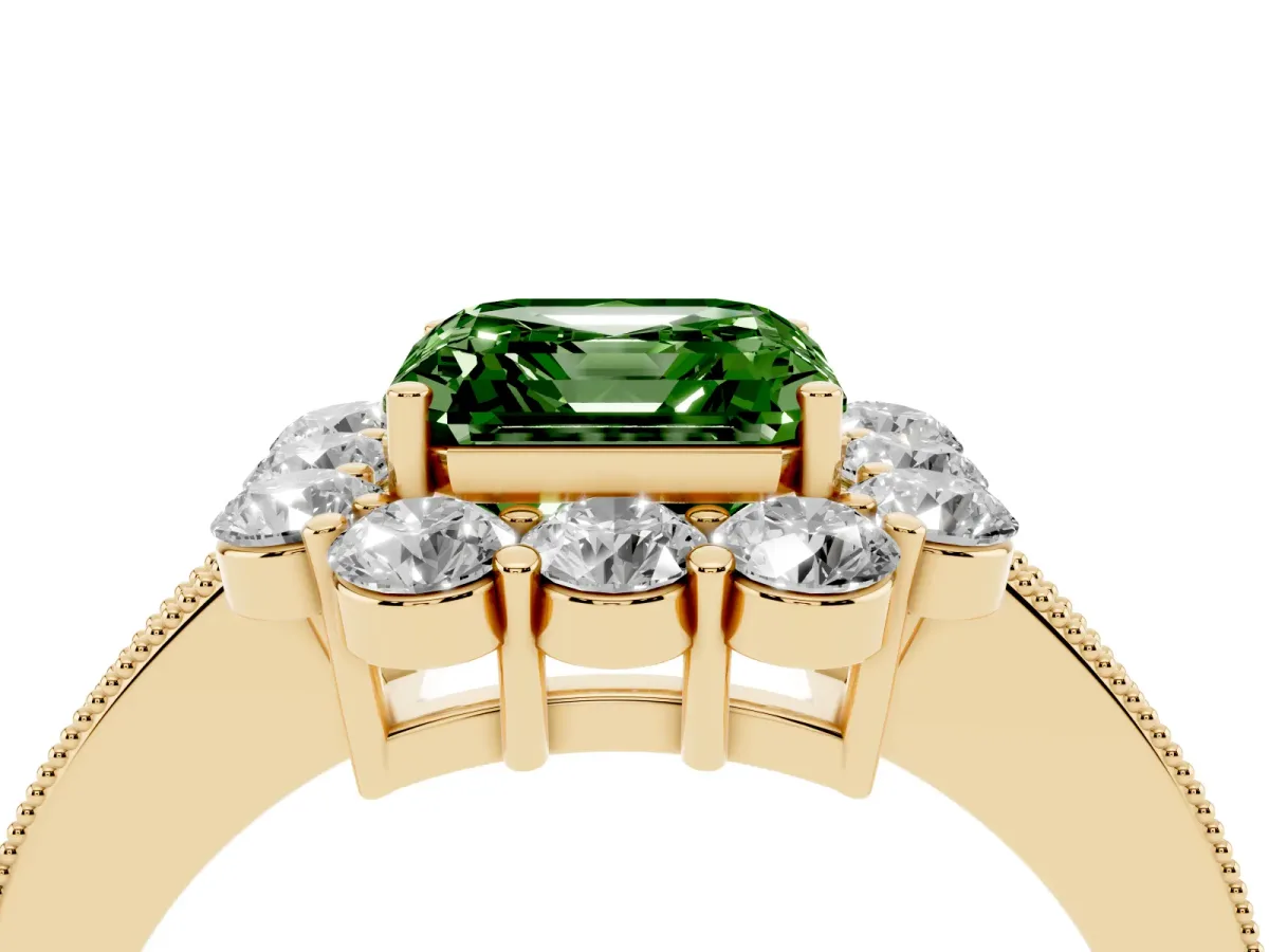 Fancy Green Asscher Cut Cut Halo Diamond Pavé Engagement Ring with Milgrain Detailing Yellow gold