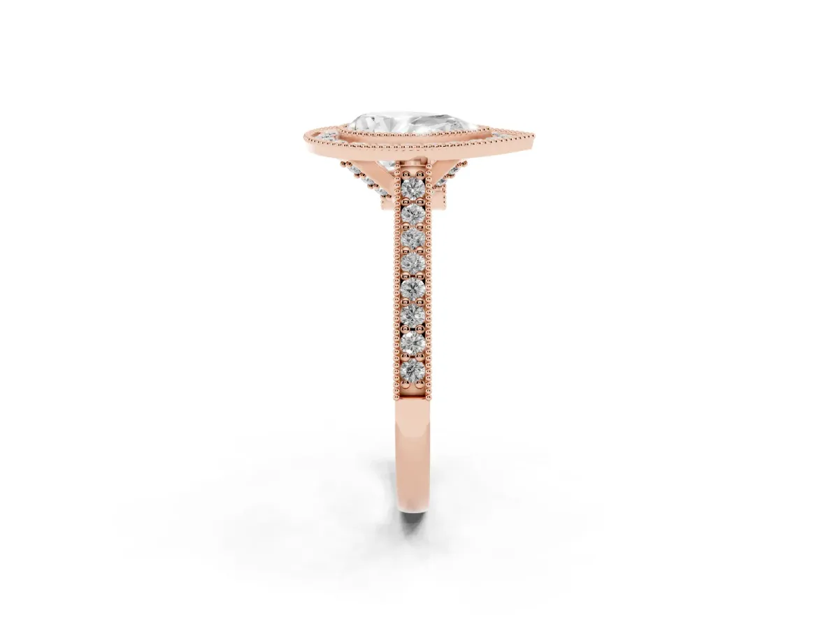 Halo Pear Cut-Cut Diamond Pave Band Milgrain Prong Setting Ring Rose gold