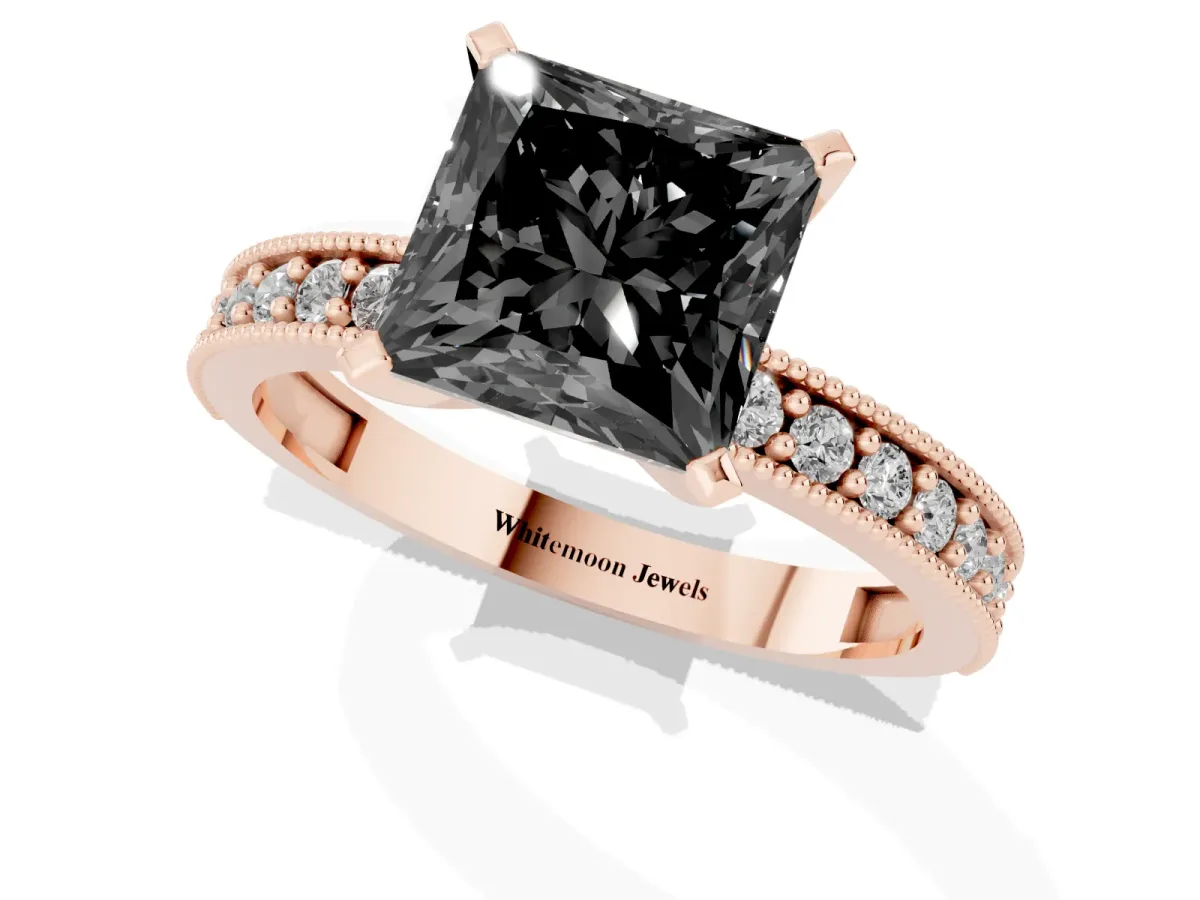 Fancy Black Princess Cut Diamond Milgrain Pavé Engagement Ring with Four-Prong Setting Rose gold