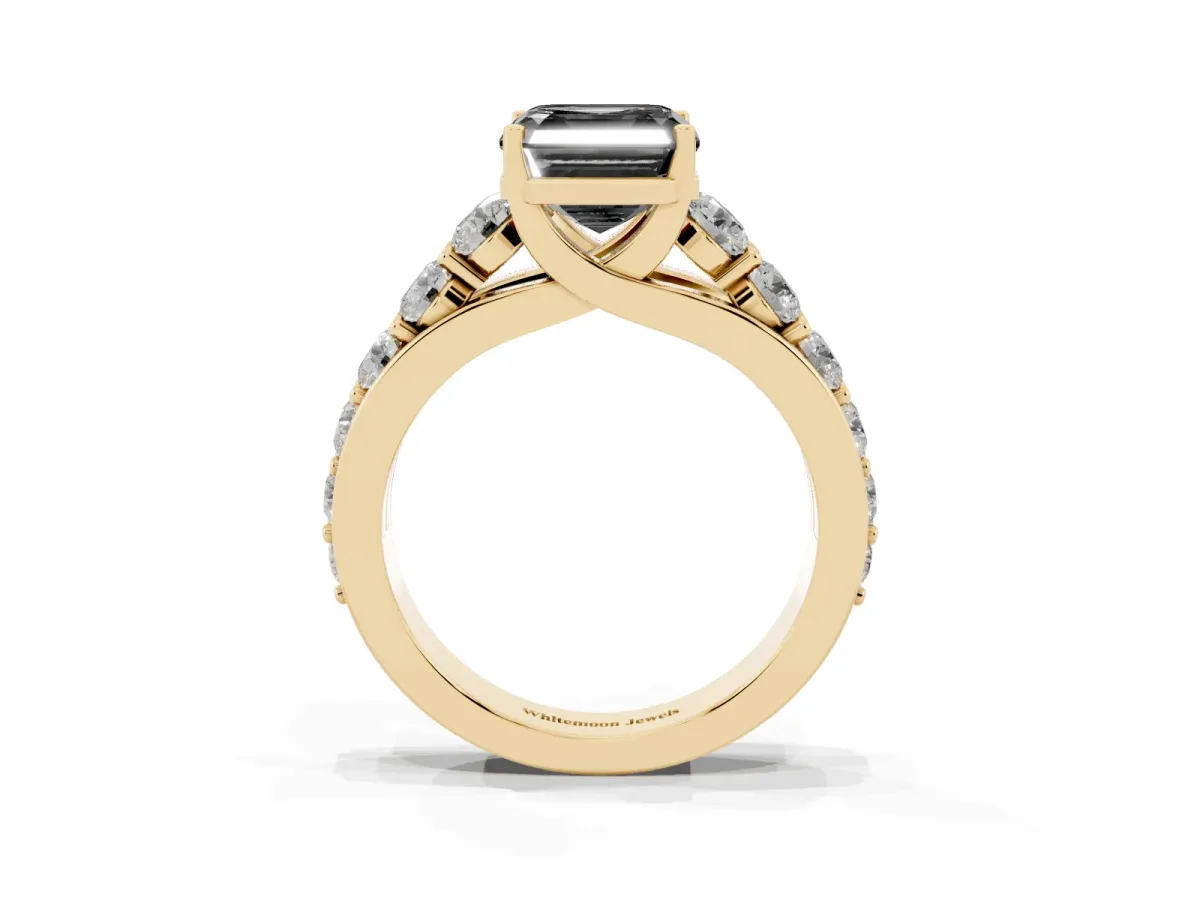 Fancy Black Asscher Cut Diamond Engagement Ring with Pavé Band and Four-Prong Setting Yellow gold