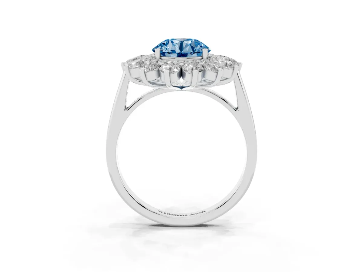 Fancy Blue Round Cut Diamond Floral Double Halo Engagement Ring with Prong Setting Silver
