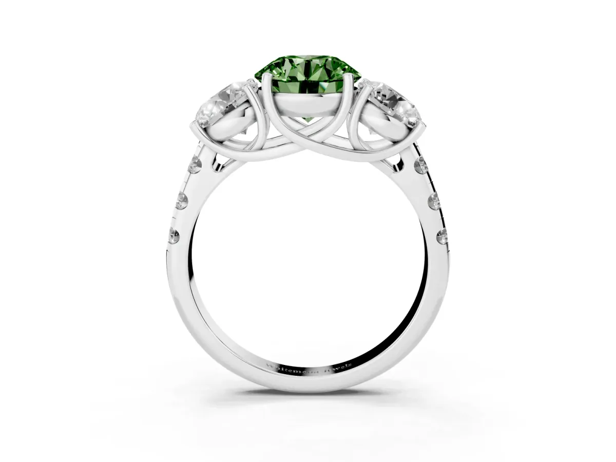 Fancy Green Three-Stone Round Cut Diamond Pavé Band with Prong Setting Silver