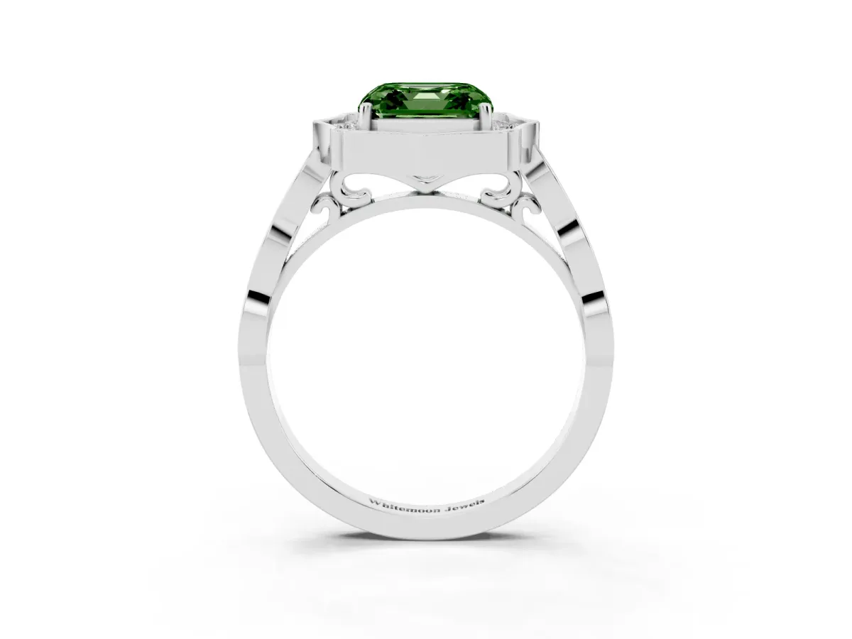 Fancy Green Asscher Cut Halo Diamond Engagement Ring with Milgrain Band and Four-Prong Setting Platinum