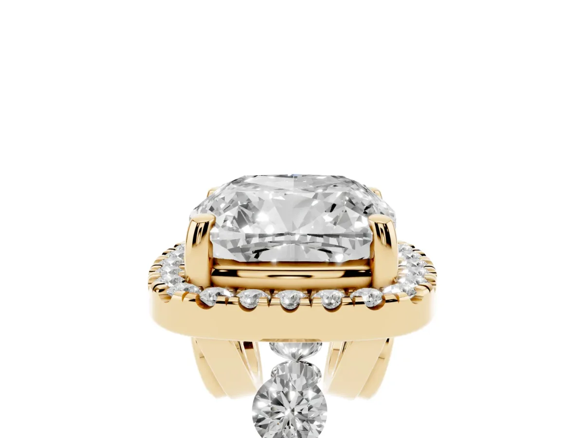 Cushion Cut Halo Pavé Diamond Engagement Ring with Four-Prong Setting Yellow gold
