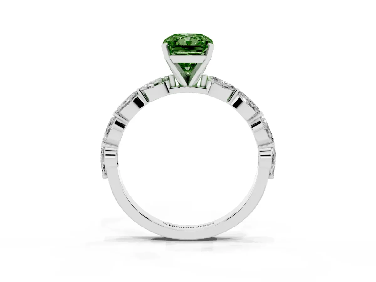 Fancy Green Radiant Cut Diamond Ring with Marquise Side Stones and Prong Setting Platinum