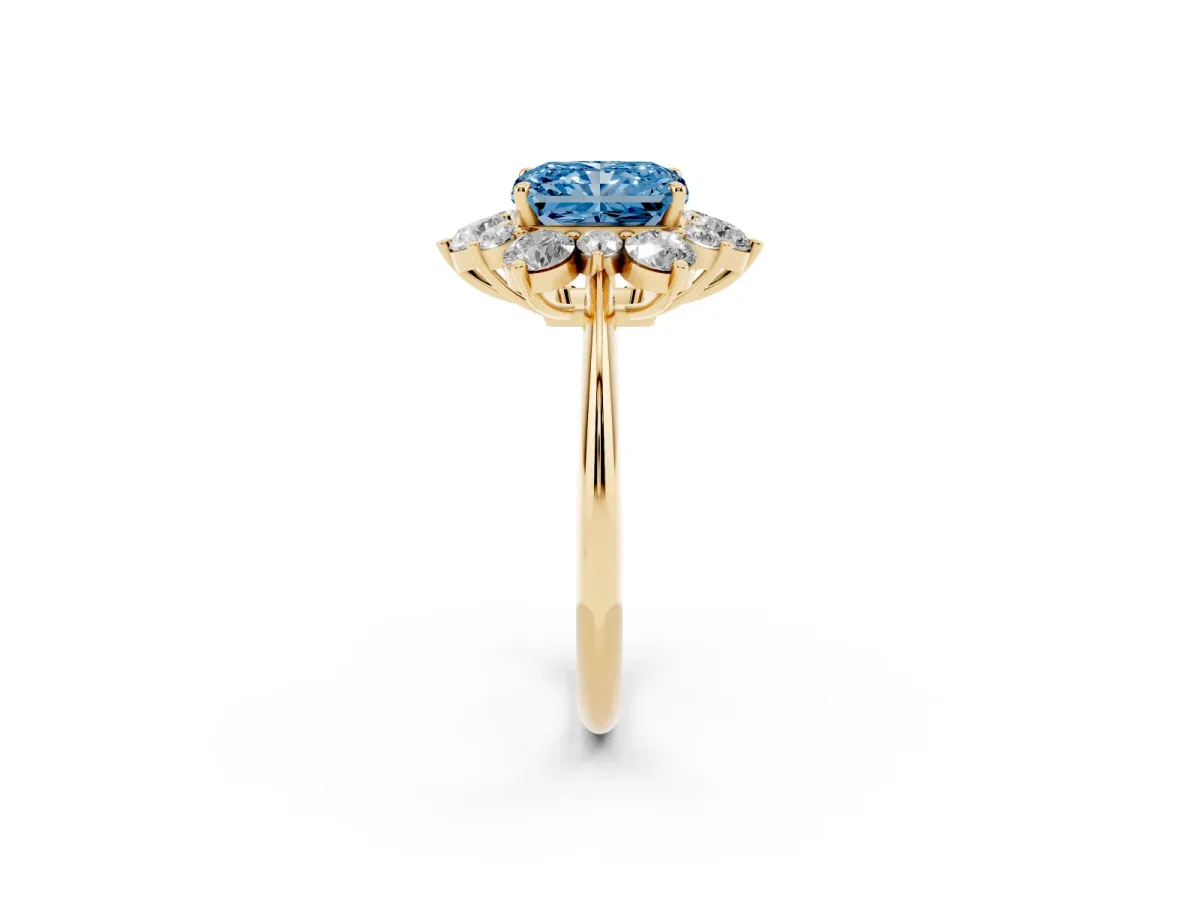 Fancy Blue Radiant Cut Diamond Cluster Halo Ring with Solitaire Band and Four-Prong Setting Yellow gold