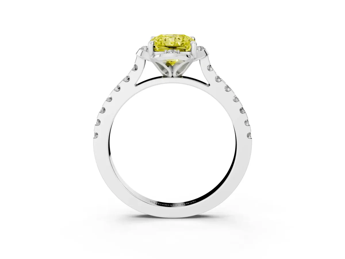 Fancy Yellow Radiant Cut Diamond Ring with Pavé Band and Floral Prong Setting White gold