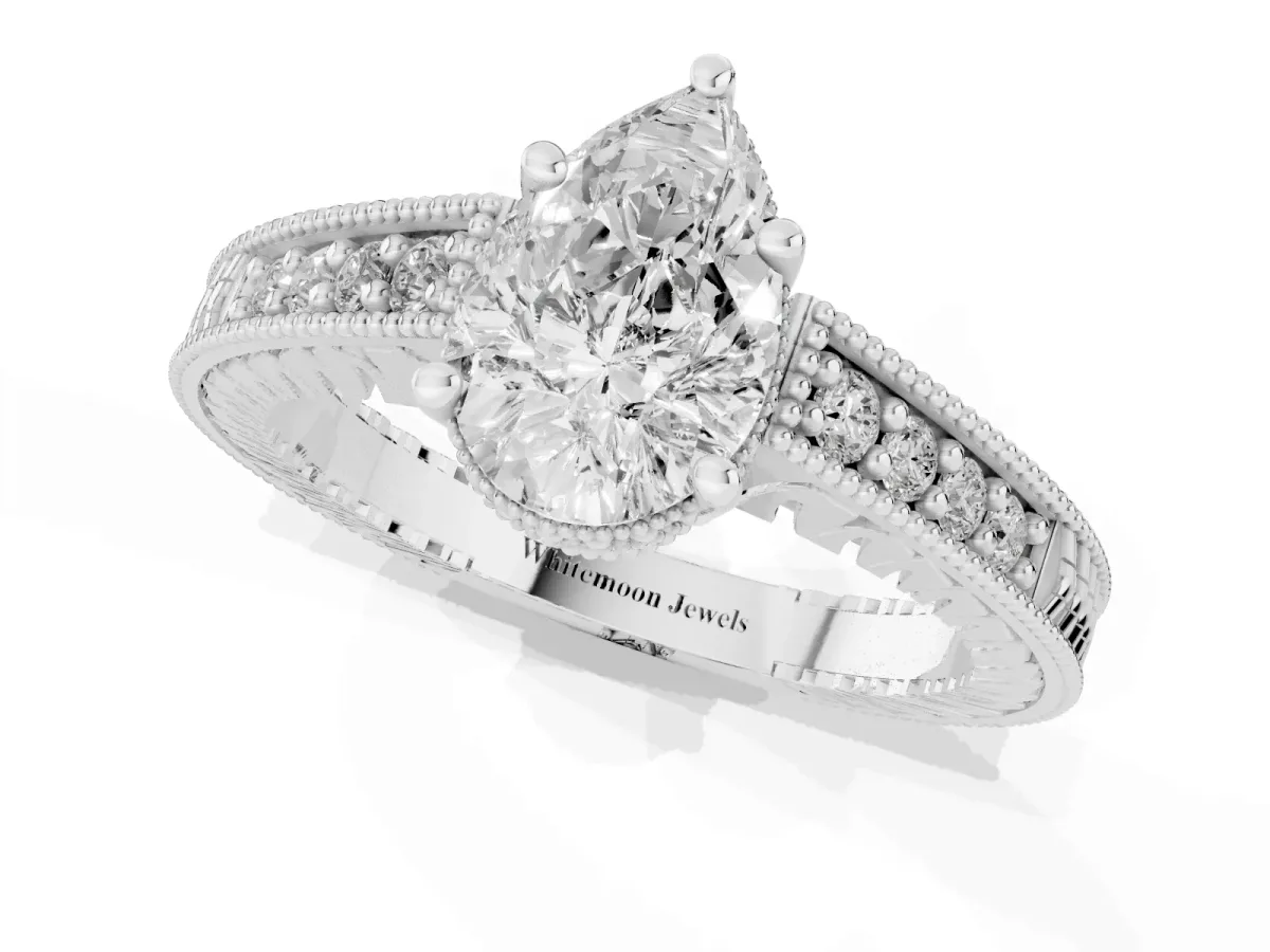Pear Cut Solitaire Pavé Diamond Milgrain Engagement Ring with Four-Prong Setting Silver
