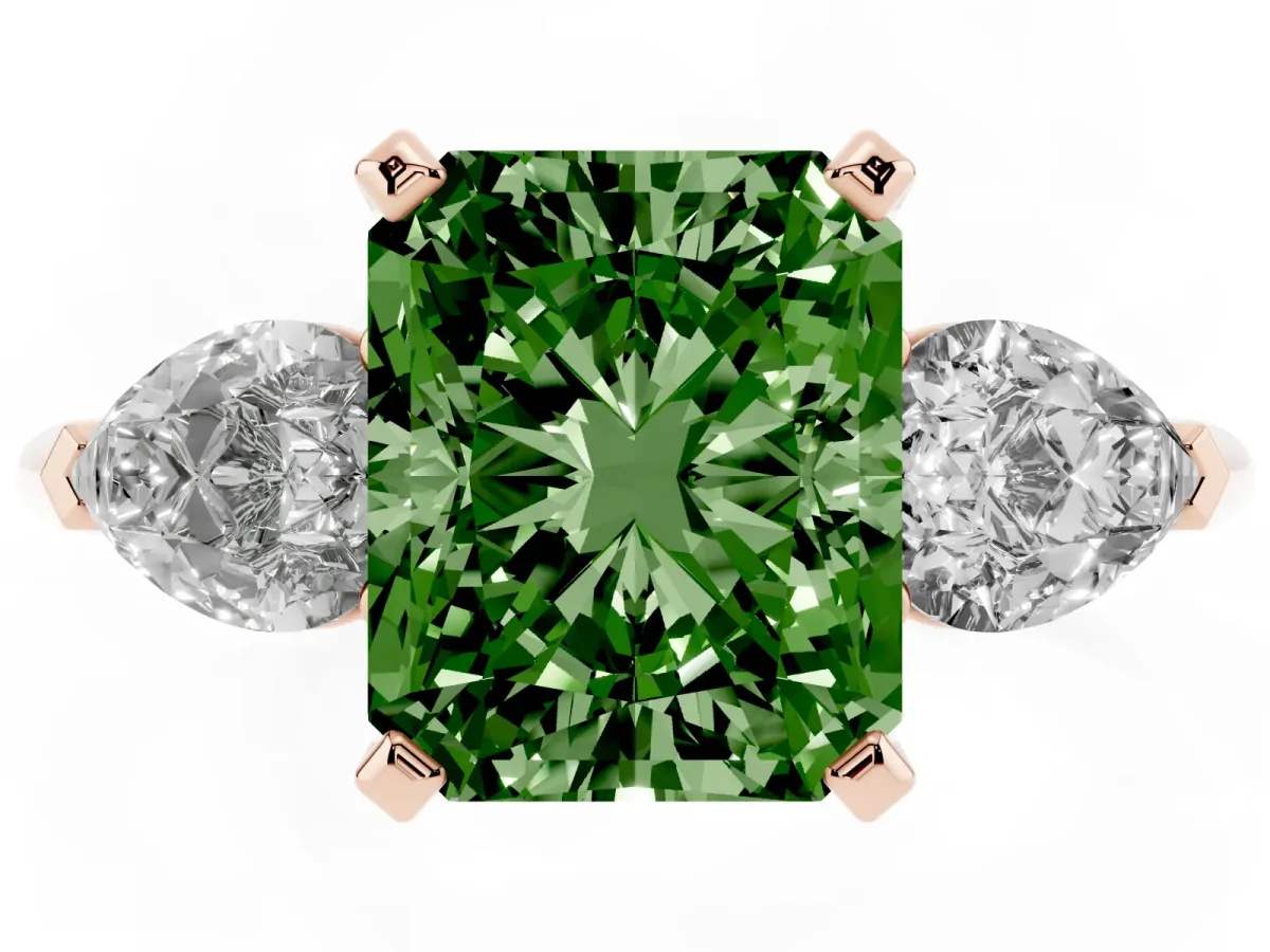 Fancy Green Three-Stone Radiant Cut Diamond Ring with Pear Side Stones and Four-Prong Setting Rose gold