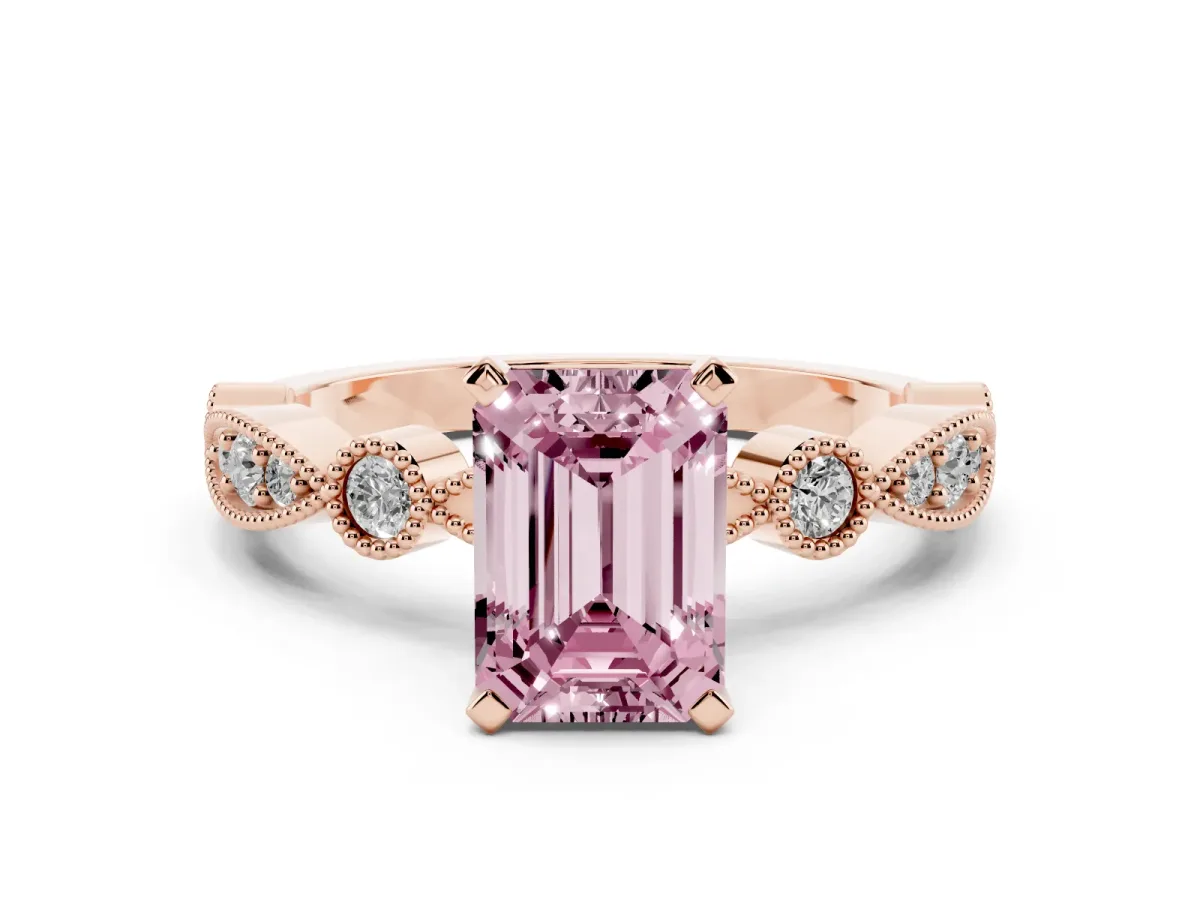 Fancy Pink Emerald Cut Milgrain Bezel Diamond Engagement Ring with Solitaire Prong Setting Rose gold