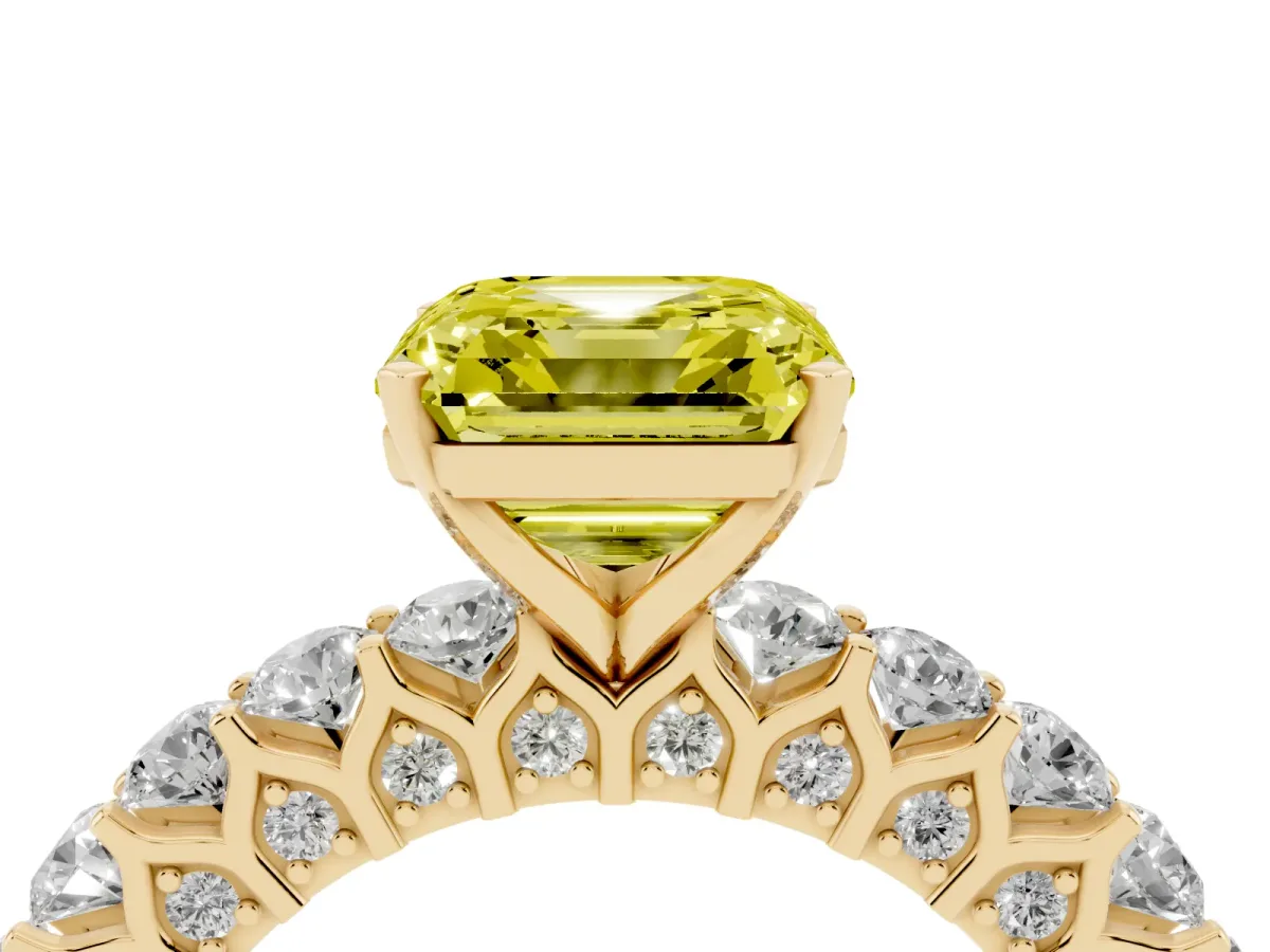 Fancy Yellow Asscher Cut Diamond Solitaire Ring with Shared Prong Pavé Band and Four-Prong Setting Yellow gold