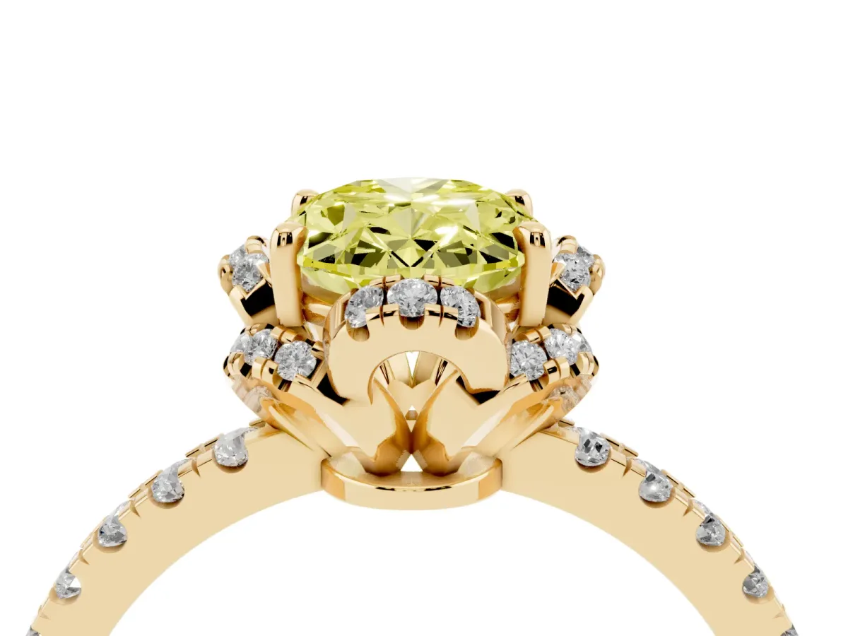 Fancy Yellow Oval Cut Halo Diamond Pave Band Ring with Four-Prong Setting Yellow gold
