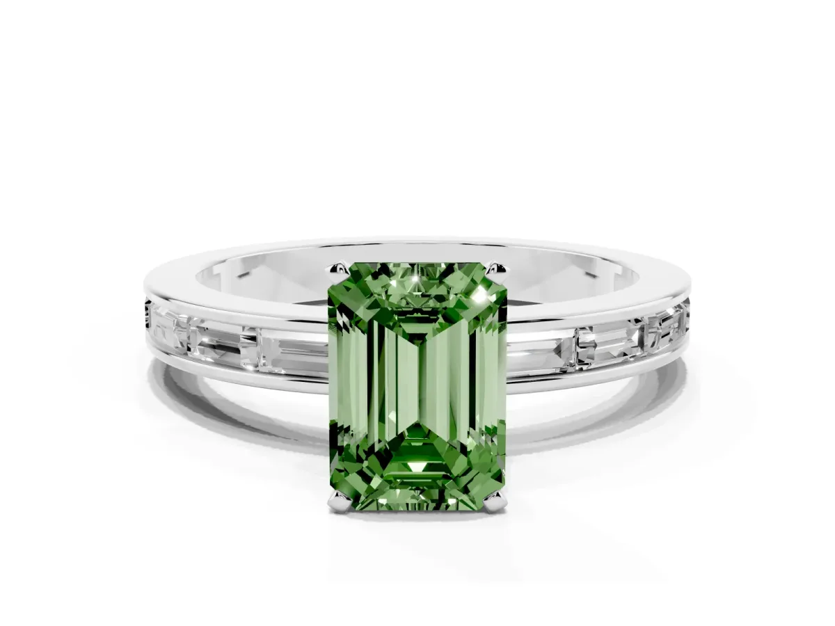 Fancy Green Emerald Cut Solitaire Diamond Ring with Channel-Set Baguette Band and Four-Prong Setting White gold