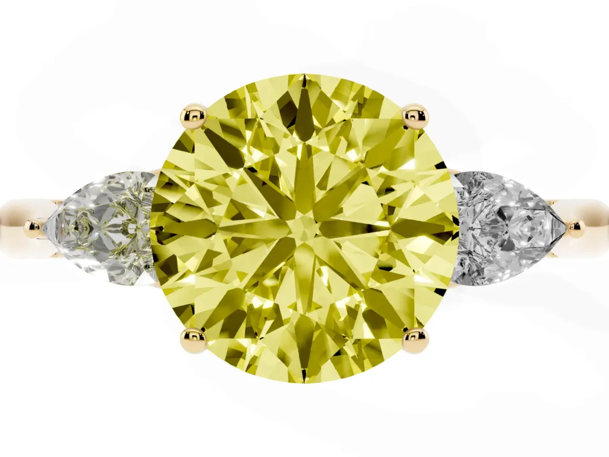 Fancy Yellow Three-Stone Round Cut Brilliant Diamond Solitaire Ring with Tapered Band and Four-Prong Setting Yellow gold