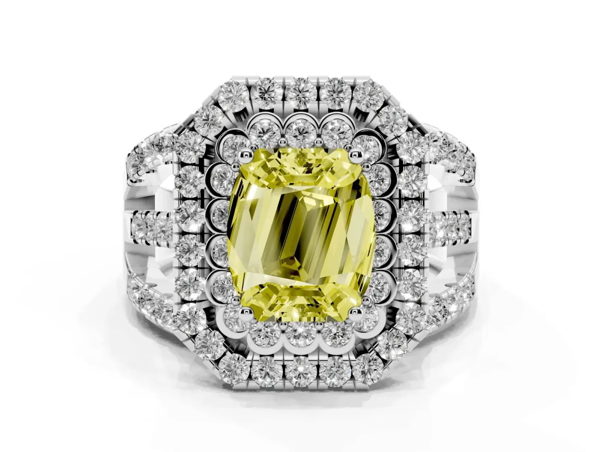 Fancy Yellow Emerald Cut Diamond Double Halo Ring with Round Pavé Split Shank and Prong Setting Silver