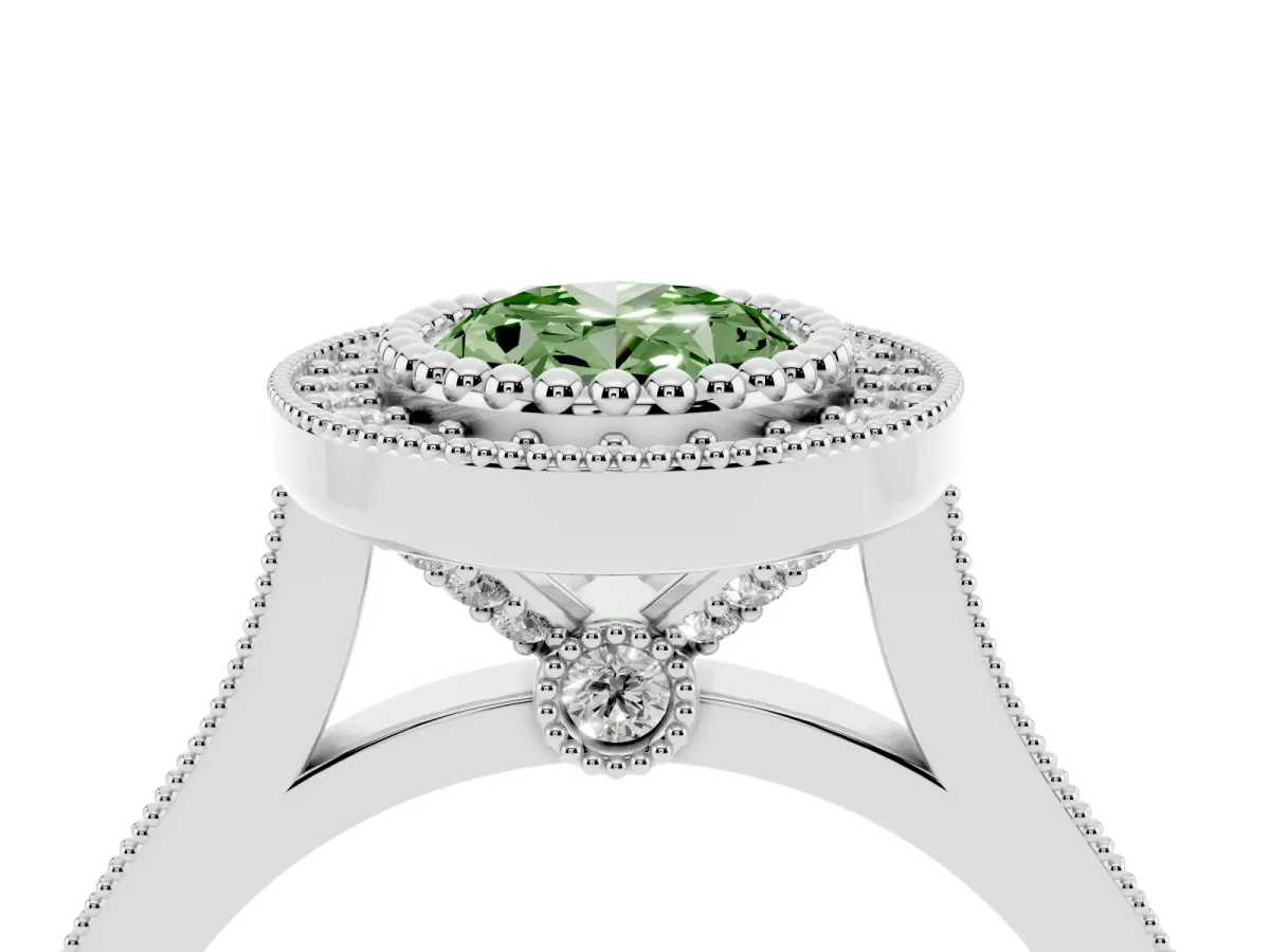 Fancy Green Oval Cut Diamond Halo Ring with Milgrain Frame and Pavé Band Platinum