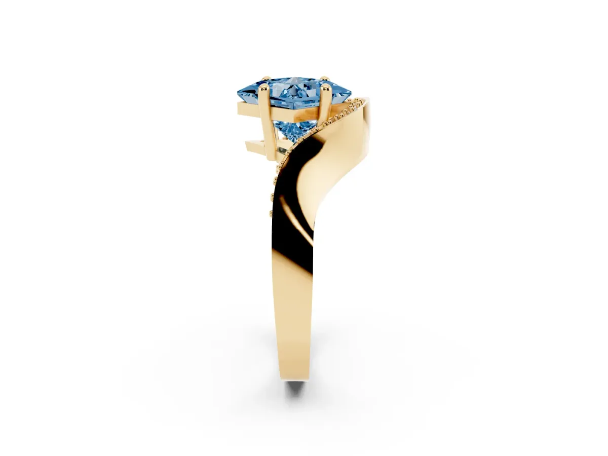 Fancy Blue Princess Cut Solitaire Diamond Engagement Ring with Pave Band and Four-Prong Setting Yellow gold