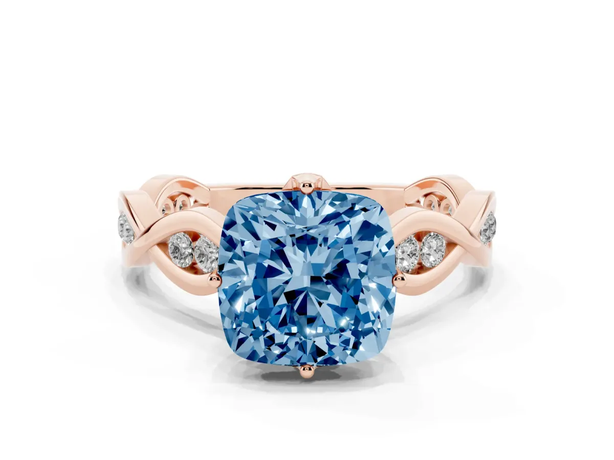 Fancy Blue Cushion Cut Solitaire Twist Band with Leaf Prong Setting Rose gold
